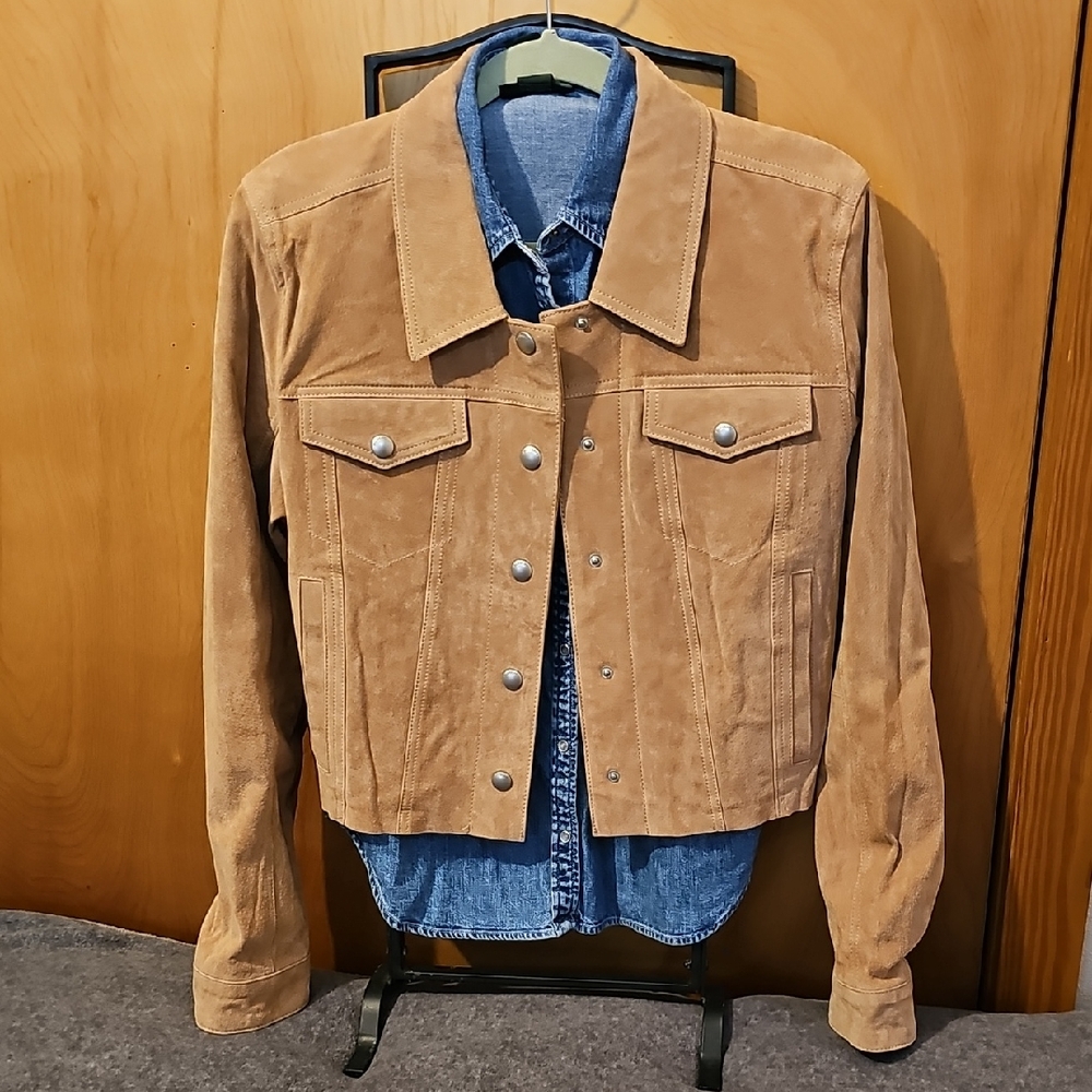 Blank NYC Women's Tan Suede Cropped Trucker Jacket
